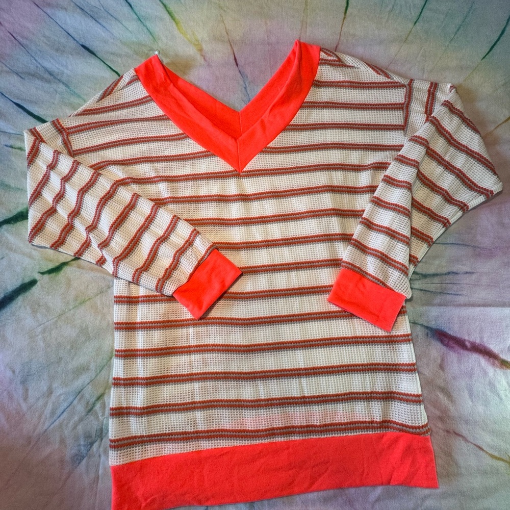 White Birch Women's Preppy Striped Long Sleeve Top with Neon Pink Accents
